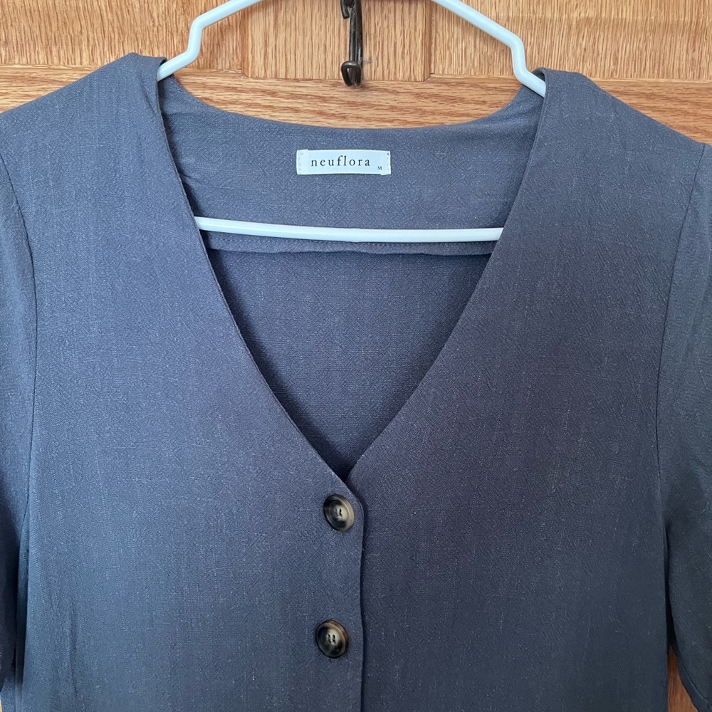 Button-Front V-Neck Midi Dress - Charcoal- Neuflora - Picture 2 of 5